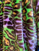 60" Multi-Color Leopard Print Fur Fabric - Green / Orange - Faux Fabric Shaggy Fur Fabric By Yard