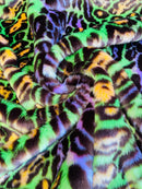 60" Multi-Color Leopard Print Fur Fabric - Green / Orange - Faux Fabric Shaggy Fur Fabric By Yard
