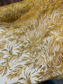 Gold Beaded Fabric by the yard, Bridal beaded, Damask Pattern With Beads and Sequin