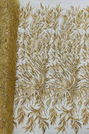 Gold Beaded Fabric by the yard, Bridal beaded, Damask Pattern With Beads and Sequin