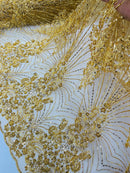 Gold Luxury Beaded Fabric By The Yard, Luxury Geometric Design Beads and Sequins Mesh