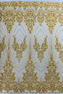 Gold Luxury Beaded Fabric By The Yard, Luxury Geometric Design Beads and Sequins Mesh