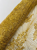 Gold Luxury Beaded Fabric By The Yard, Luxury Geometric Design Beads and Sequins Mesh