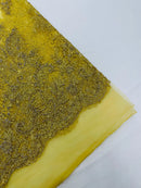 Gold Silver Rhinestones Glitter Fabric on a Mesh by the Yard | Quinceanera Design Glitter Rhinestones on Mesh Fabric Prom Dress