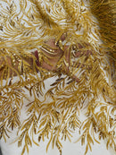 Gold Beaded Fabric by the yard, Bridal beaded, Damask Pattern With Beads and Sequin