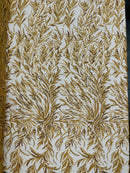 Gold Beaded Fabric by the yard, Bridal beaded, Damask Pattern With Beads and Sequin