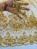 Gold Luxury Beaded Fabric By The Yard, Luxury Geometric Design Beads and Sequins Mesh