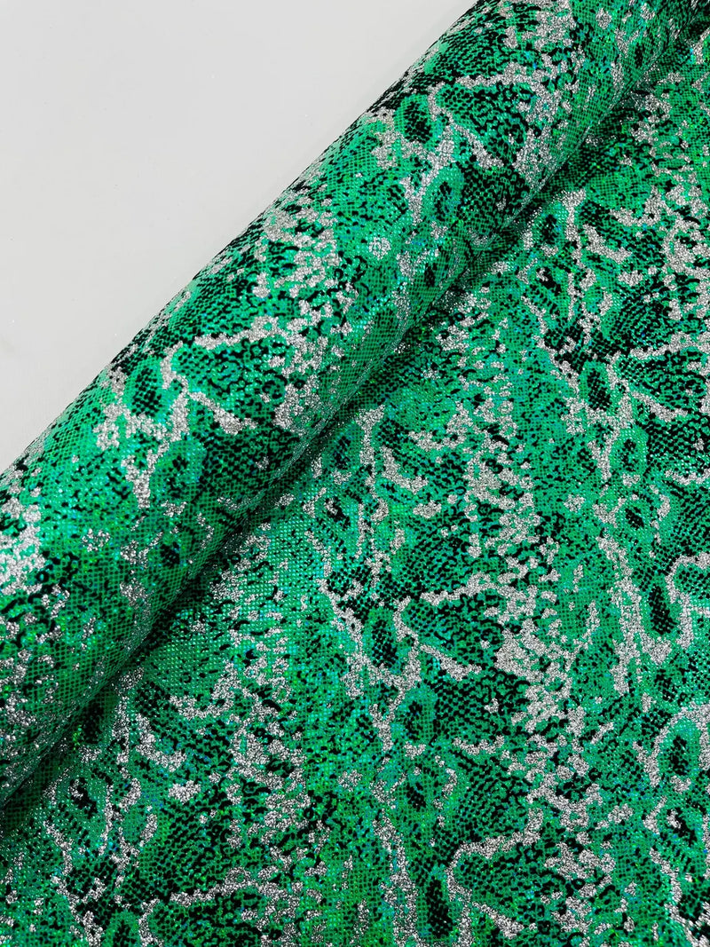 Green Silver Glitter Snake Design Shattered Glass Nylon Spandex Fabric By Yard, Snake Flocking Hologram, Glitter Snake Nylon Spandex