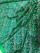 Green Silver Glitter Snake Design Shattered Glass Nylon Spandex Fabric By Yard, Snake Flocking Hologram, Glitter Snake Nylon Spandex
