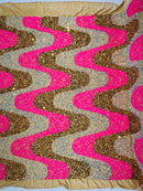Wavy Line Design Velvet Sequins - Hot Pink / Gold / Clear Iridescent - Velvet Sequins Fabric 2 Way Stretch 58"/60" Yard