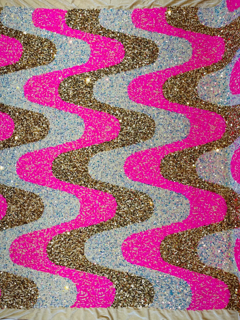Wavy Line Design Velvet Sequins - Hot Pink / Gold / Clear Iridescent - Velvet Sequins Fabric 2 Way Stretch 58"/60" Yard