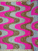 Wavy Line Design Velvet Sequins - Hot Pink / Gold / Clear Iridescent - Velvet Sequins Fabric 2 Way Stretch 58"/60" Yard