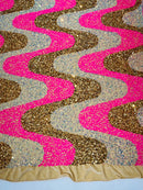 Wavy Line Design Velvet Sequins - Hot Pink / Gold / Clear Iridescent - Velvet Sequins Fabric 2 Way Stretch 58"/60" Yard