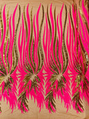 Angel Wings Sequins Fabric - Hot Pink / Gold - 4 Way Stretch Feather Wings Sequins Design By Yard