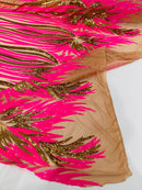Angel Wings Sequins Fabric - Hot Pink / Gold - 4 Way Stretch Feather Wings Sequins Design By Yard