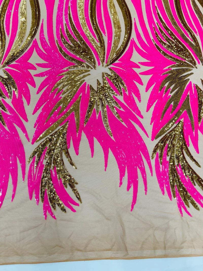 Angel Wings Sequins Fabric - Hot Pink / Gold - 4 Way Stretch Feather Wings Sequins Design By Yard