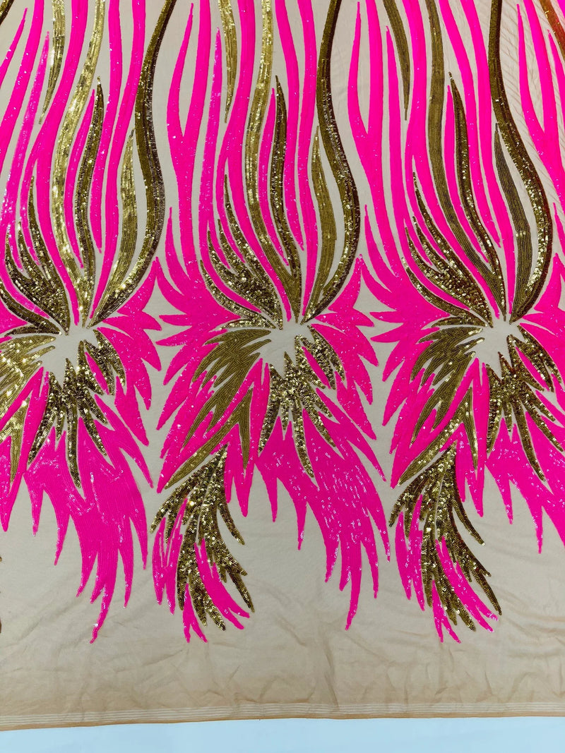 Angel Wings Sequins Fabric - Hot Pink / Gold - 4 Way Stretch Feather Wings Sequins Design By Yard