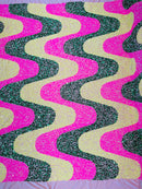 Wavy Line Design Velvet Sequins - Hot Pink / Hunter Green / Yellow - Velvet Sequins Fabric 2 Way Stretch 58"/60" Yard