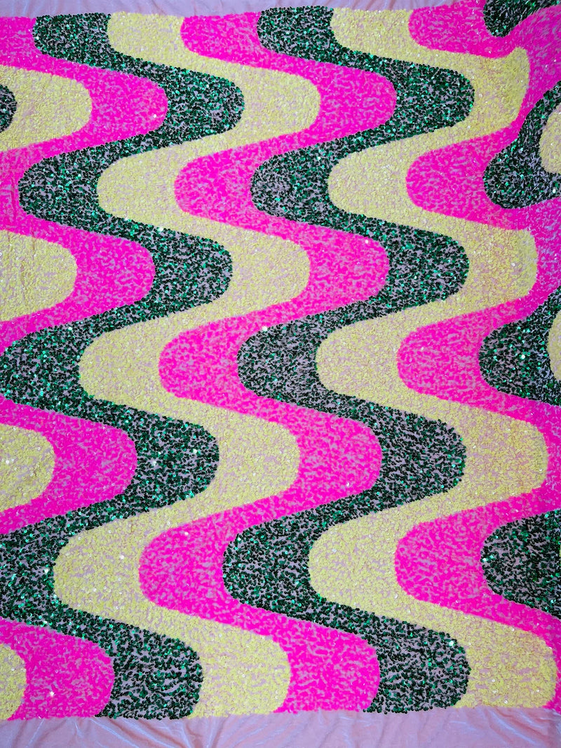 Wavy Line Design Velvet Sequins - Hot Pink / Hunter Green / Yellow - Velvet Sequins Fabric 2 Way Stretch 58"/60" Yard
