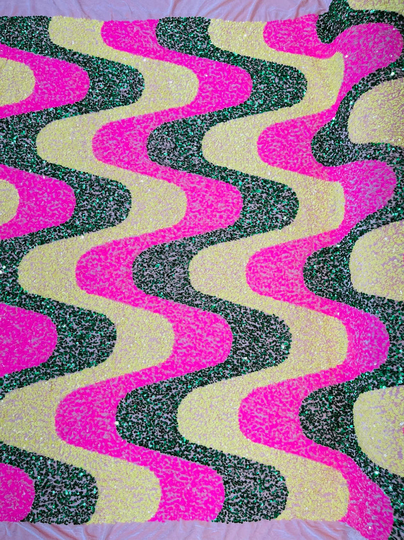 Wavy Line Design Velvet Sequins - Hot Pink / Hunter Green / Yellow - Velvet Sequins Fabric 2 Way Stretch 58"/60" Yard