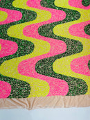 Wavy Line Design Velvet Sequins - Hot Pink / Hunter Green / Yellow - Velvet Sequins Fabric 2 Way Stretch 58"/60" Yard