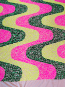 Wavy Line Design Velvet Sequins - Hot Pink / Hunter Green / Yellow - Velvet Sequins Fabric 2 Way Stretch 58"/60" Yard