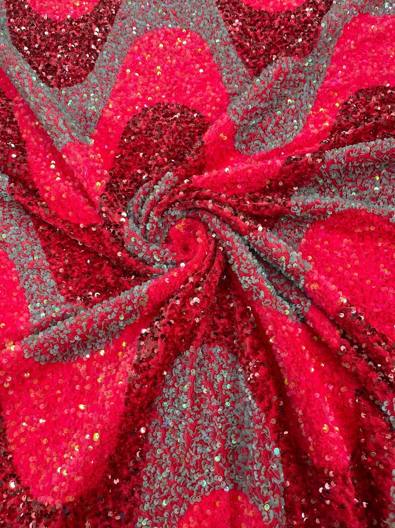 Wavy Line Design Velvet Sequins - Hot Pink/ Mint/Rose - Velvet Sequins Fabric 2 Way Stretch 58"- 60" By Yard