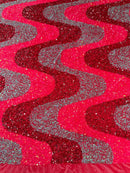 Wavy Line Design Velvet Sequins - Hot Pink/ Mint/Rose - Velvet Sequins Fabric 2 Way Stretch 58"- 60" By Yard
