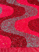 Wavy Line Design Velvet Sequins - Hot Pink/ Mint/Rose - Velvet Sequins Fabric 2 Way Stretch 58"- 60" By Yard