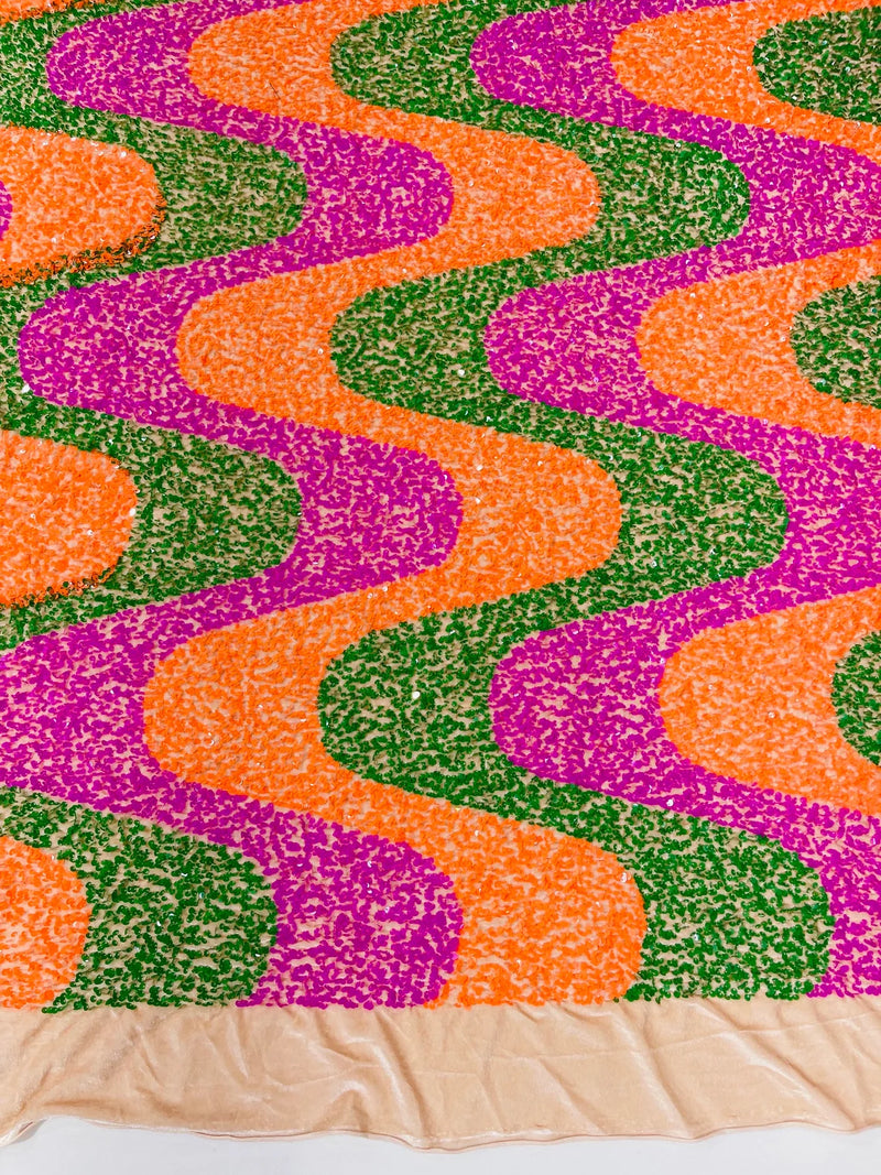 Wavy Line Design Velvet Sequins - Hot Pink/Orange/Green - Velvet Sequins Fabric 2 Way Stretch 58"/60" Yard