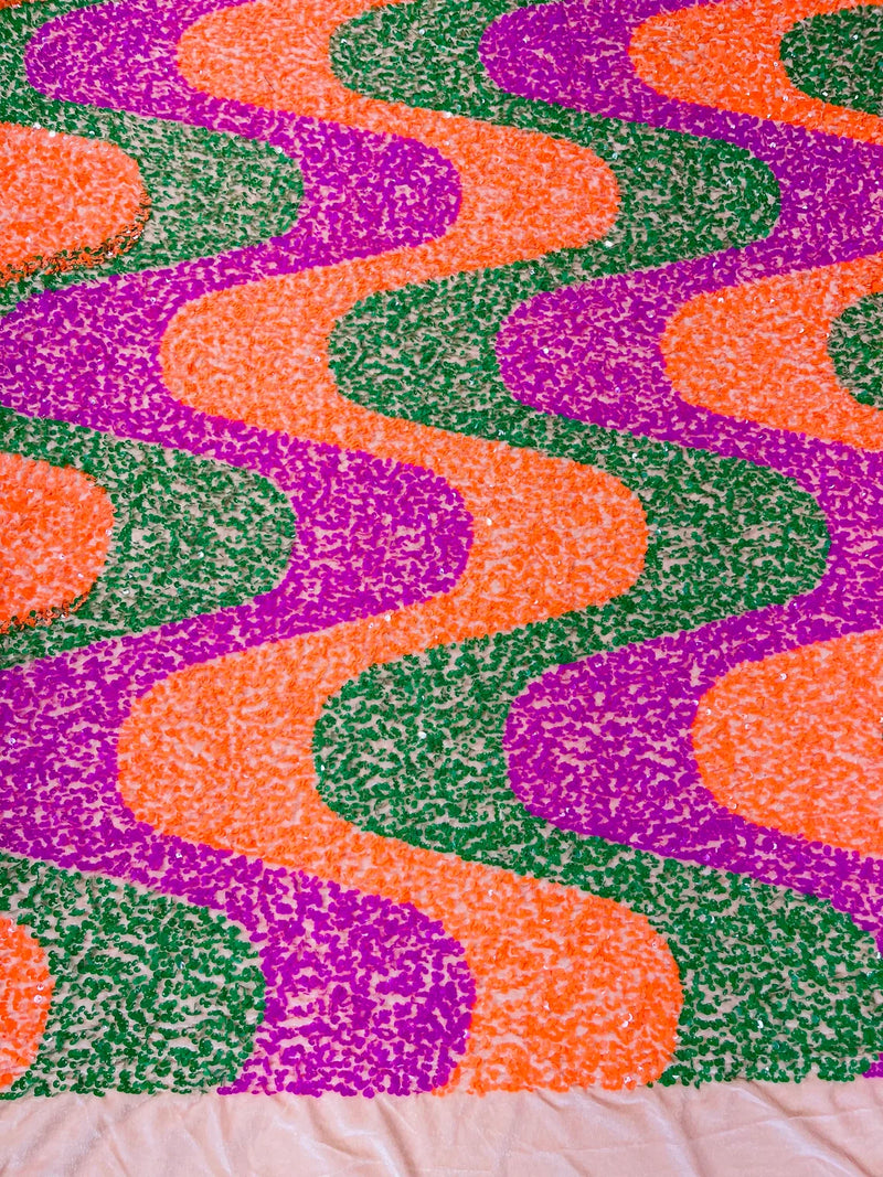 Wavy Line Design Velvet Sequins - Hot Pink/Orange/Green - Velvet Sequins Fabric 2 Way Stretch 58"/60" Yard