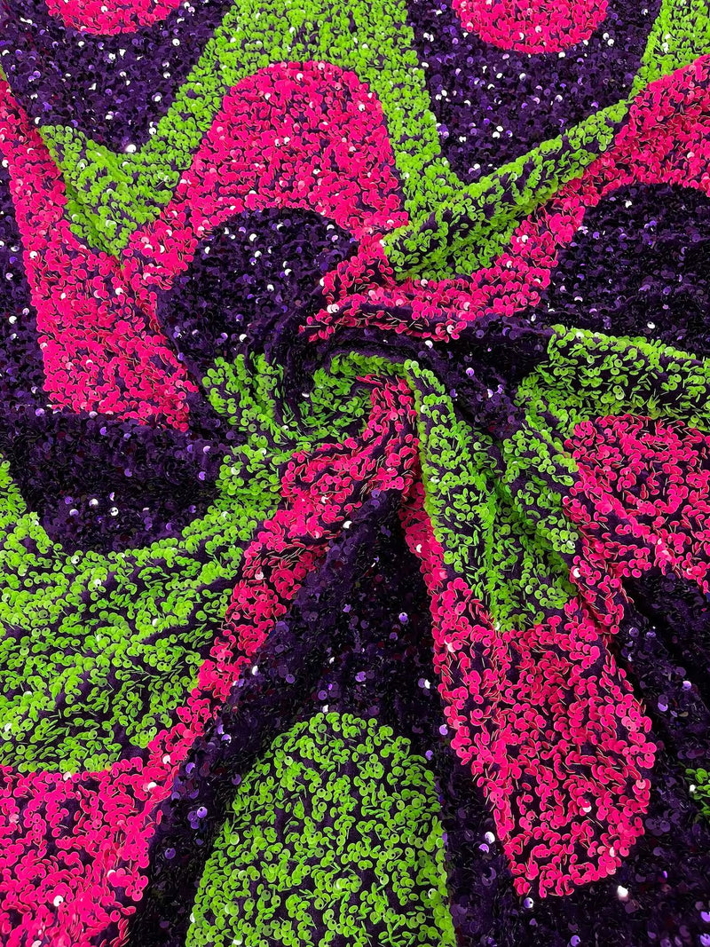 Wavy Line Design Velvet Sequins - Hot Pink/Purple/Green - Velvet Sequins Fabric 2 Way Stretch 58"- 60" By Yard