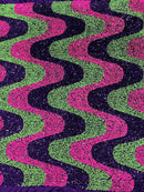Wavy Line Design Velvet Sequins - Hot Pink/Purple/Green - Velvet Sequins Fabric 2 Way Stretch 58"- 60" By Yard