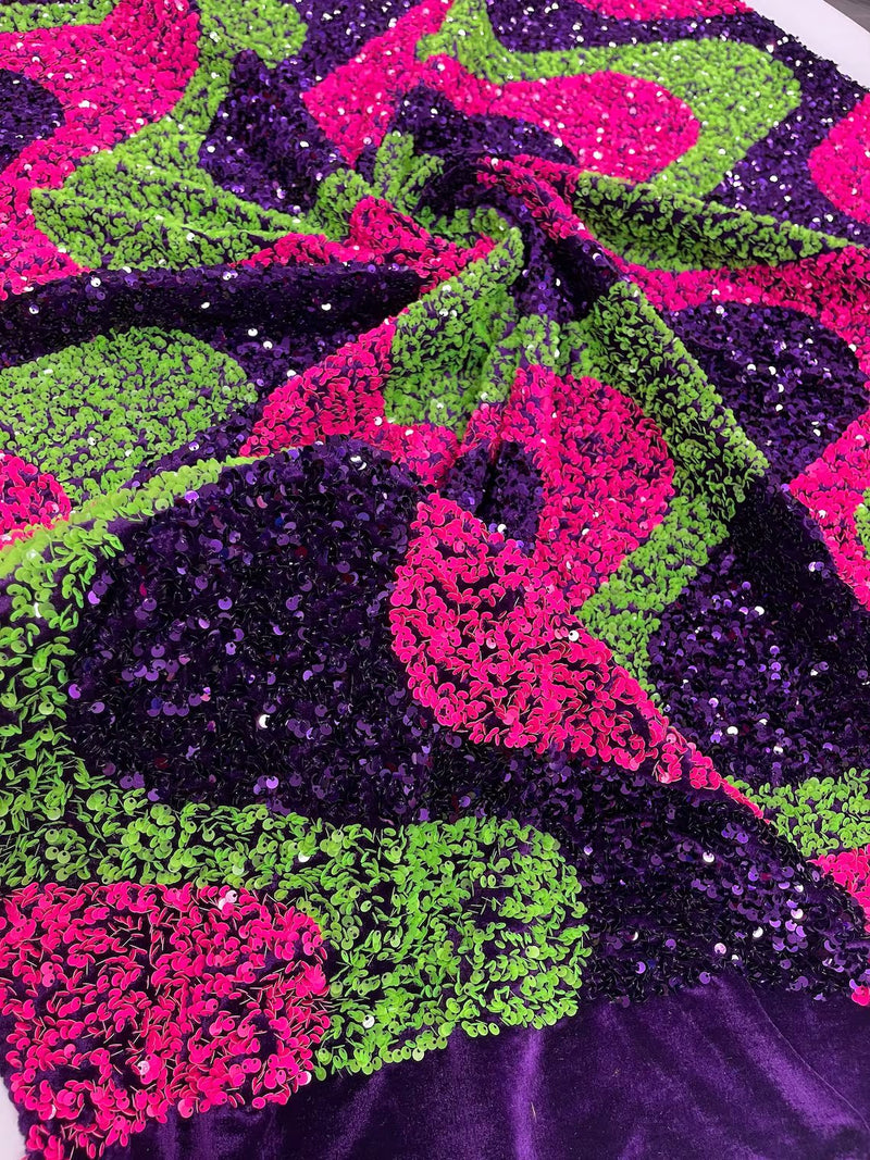 Wavy Line Design Velvet Sequins - Hot Pink/Purple/Green - Velvet Sequins Fabric 2 Way Stretch 58"- 60" By Yard