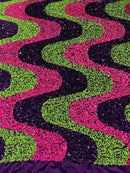 Wavy Line Design Velvet Sequins - Hot Pink/Purple/Green - Velvet Sequins Fabric 2 Way Stretch 58"- 60" By Yard