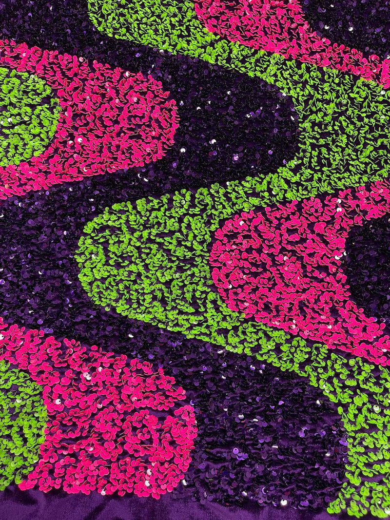 Wavy Line Design Velvet Sequins - Hot Pink/Purple/Green - Velvet Sequins Fabric 2 Way Stretch 58"- 60" By Yard