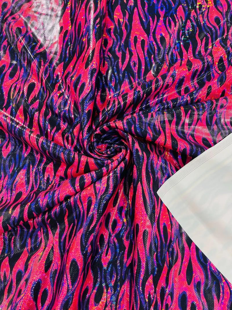 Holographic Fire Flame Spandex - Hot Pink / Purple - Poly Spandex Stretch Fire Flame Print Fabric By Yard