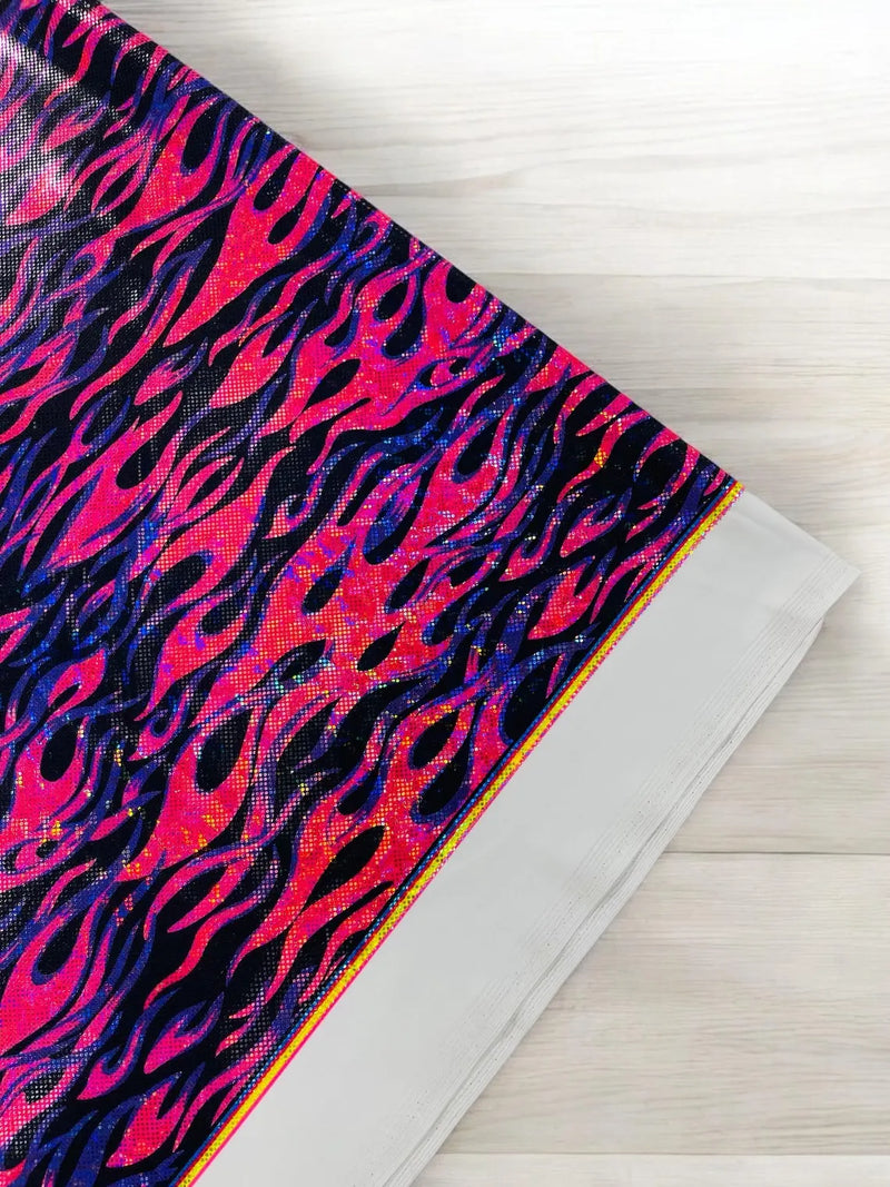 Holographic Fire Flame Spandex - Hot Pink / Purple - Poly Spandex Stretch Fire Flame Print Fabric By Yard