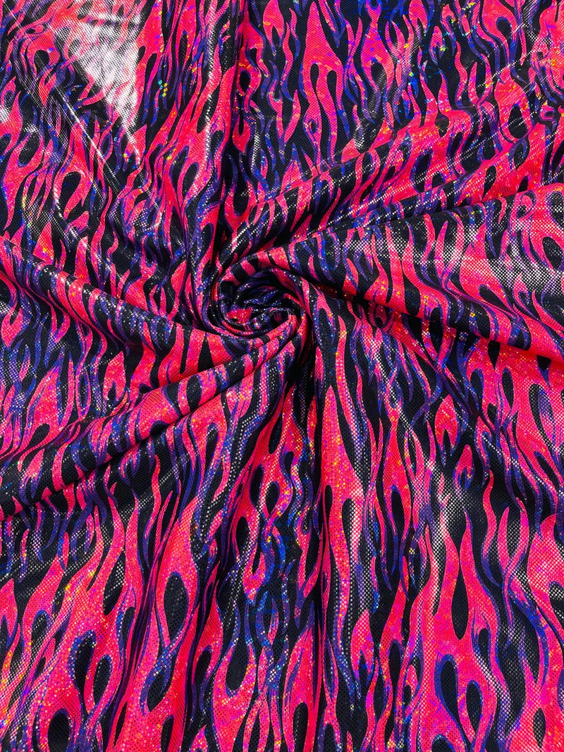 Holographic Fire Flame Spandex - Hot Pink / Purple - Poly Spandex Stretch Fire Flame Print Fabric By Yard