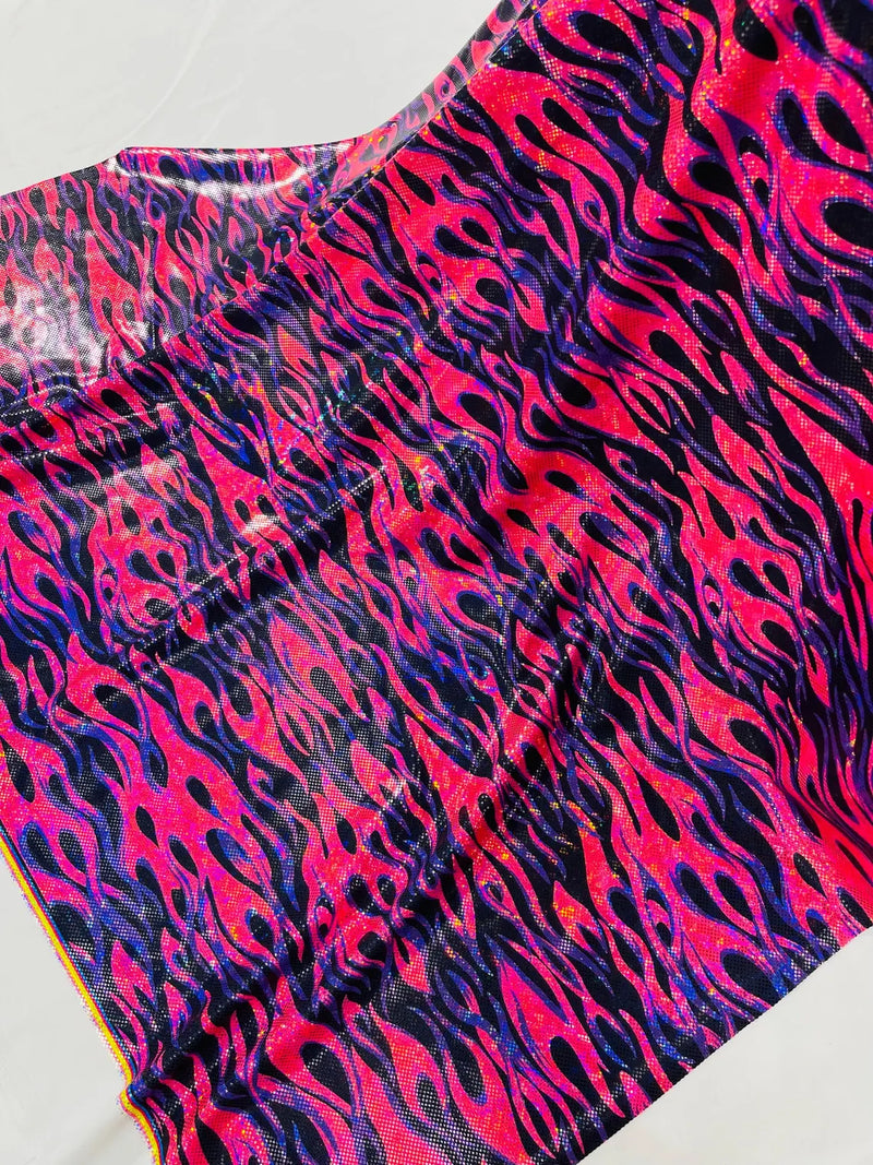 Holographic Fire Flame Spandex - Hot Pink / Purple - Poly Spandex Stretch Fire Flame Print Fabric By Yard