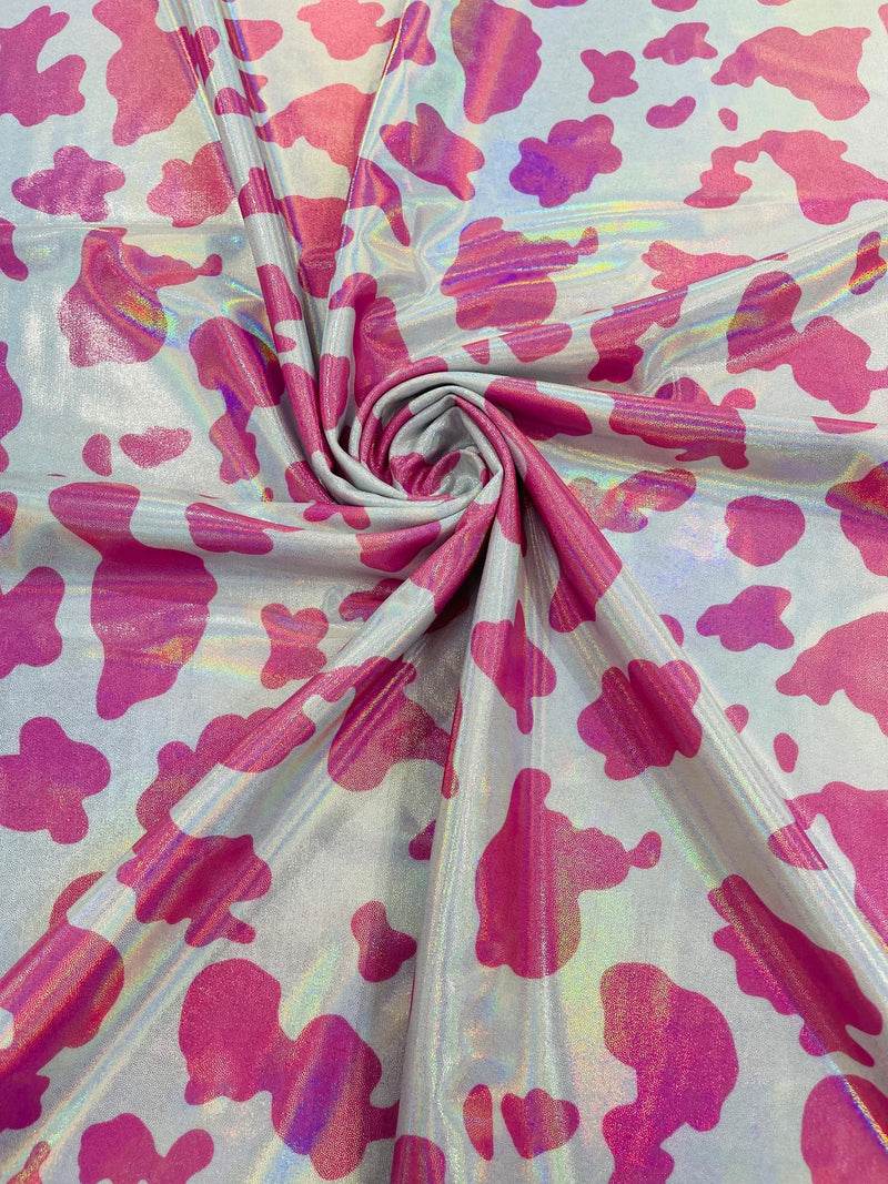 Spandex Cow Print Design - Hot Pink Holographic - Poly Spandex Fabric 4 Way Stretch - 60” Sold By Yard