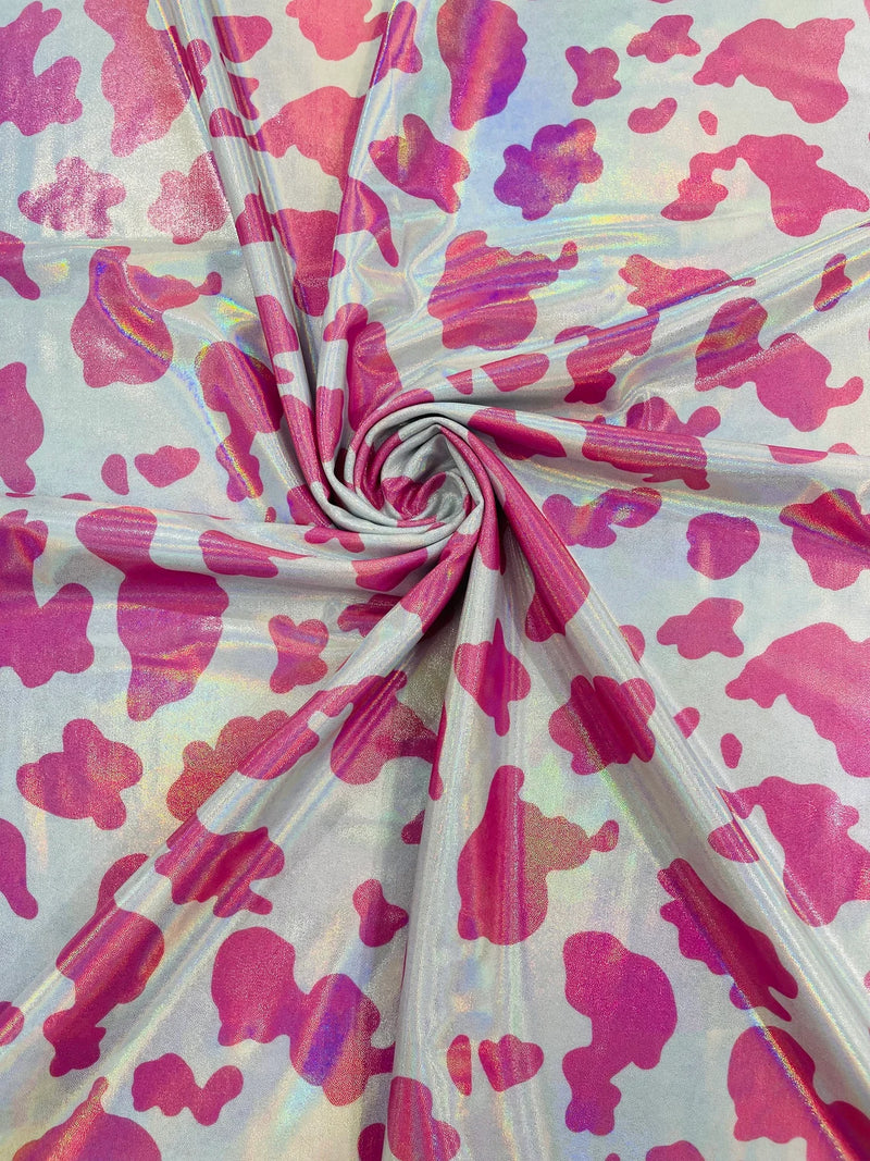 Spandex Cow Print Design - Hot Pink Holographic - Poly Spandex Fabric 4 Way Stretch - 60” Sold By Yard