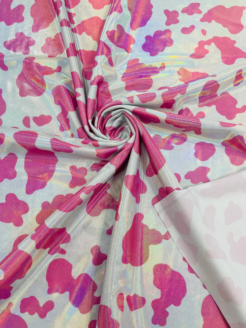 Spandex Cow Print Design - Hot Pink Holographic - Poly Spandex Fabric 4 Way Stretch - 60” Sold By Yard