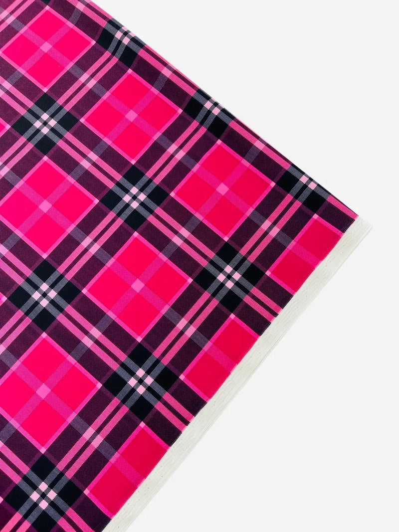 58-60" Plaid Print Milliskin Fabric - Hot Pink - Spandex 4 Way Stretch Plaid Fabric Sold by Yard