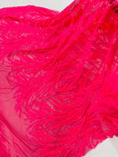 Leaf Stretch Sequins Fabric - Hot Pink - 4 Way Stretch Sequins on Lace Mesh Fabric by Yard