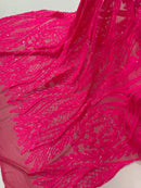 Mermaid Design Fabric - Hot Pink - 4 Way Stretch Sequins Fabric on Lace Mesh Sold By Yard