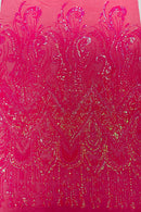 Zig Zag Tear Drop Sequins - Hot Pink - Embroidered Zig Zag Sequins 4 Way Stretch By Yard
