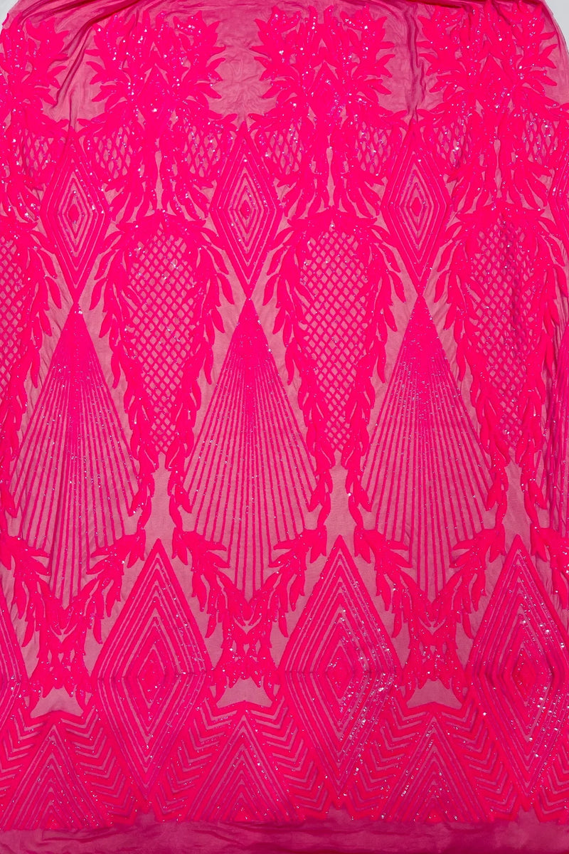 Triangle Pattern Sequins - Hot Pink Iridescent - 4 Way Stretch Fabric Sequins Geometric Design  By Yard