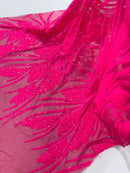 Wavy Leaf Design Fabric - Hot Pink - 4 Way Stretch Sequins Lace Mesh Leaf Design Fabric by Yard