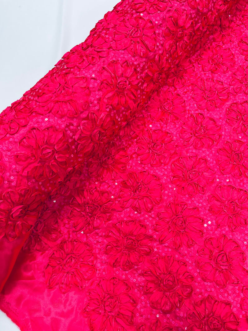 Sequins Satin Rosette Fabric - Hot Pink - 3D Satin Rose Sequins Floral Fabric Sold By The Yard